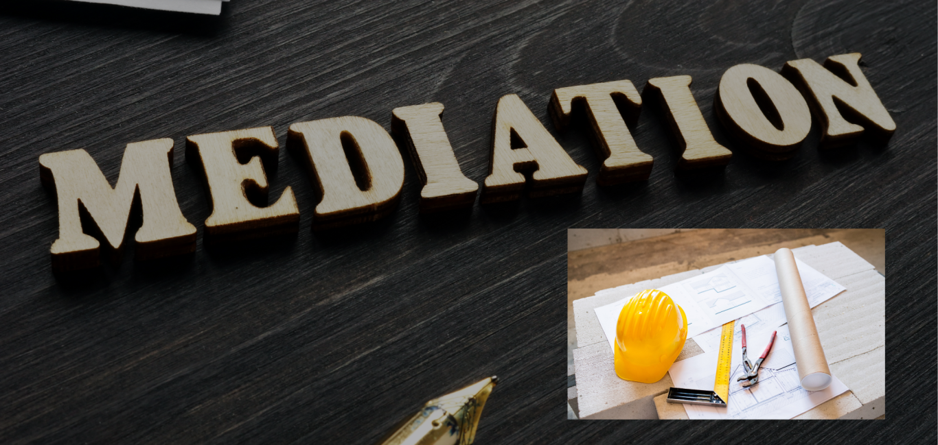 Holzschnitt mit der Aufschrift "MEDIATION" und Bürobedarf im Hintergrund.