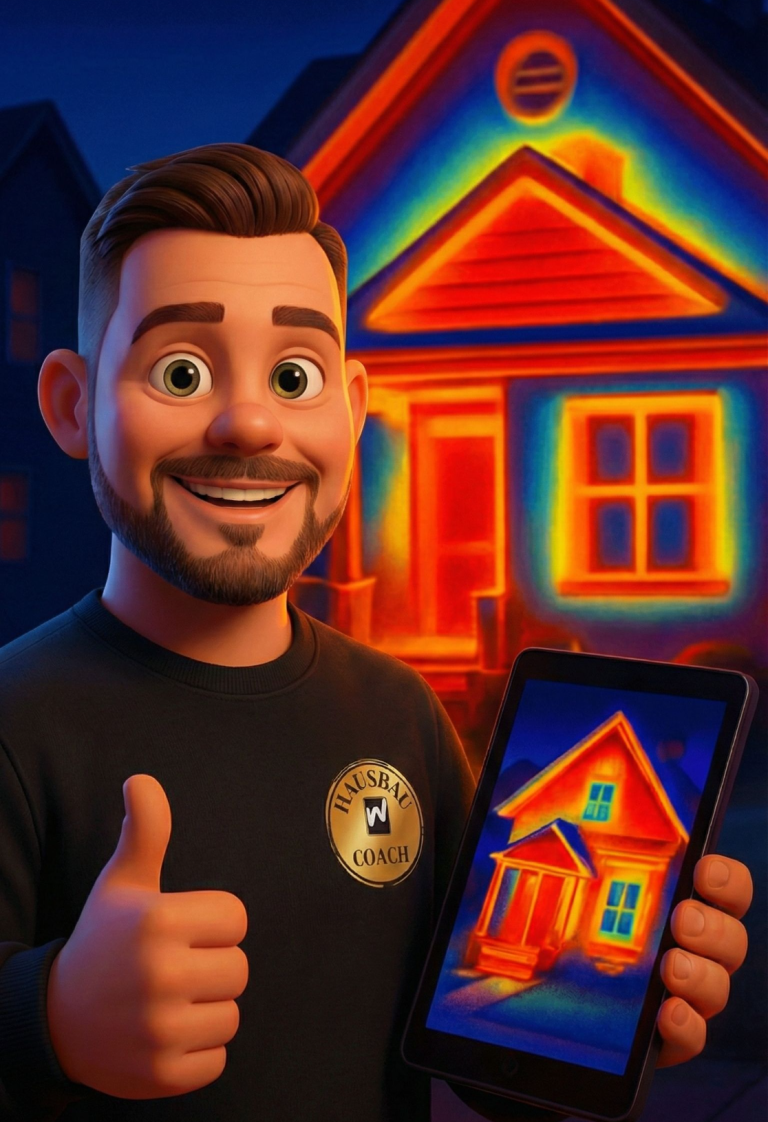 Wärmebild eines Hauses mit bunten Temperaturzonen und Fenstern, die leuchten.