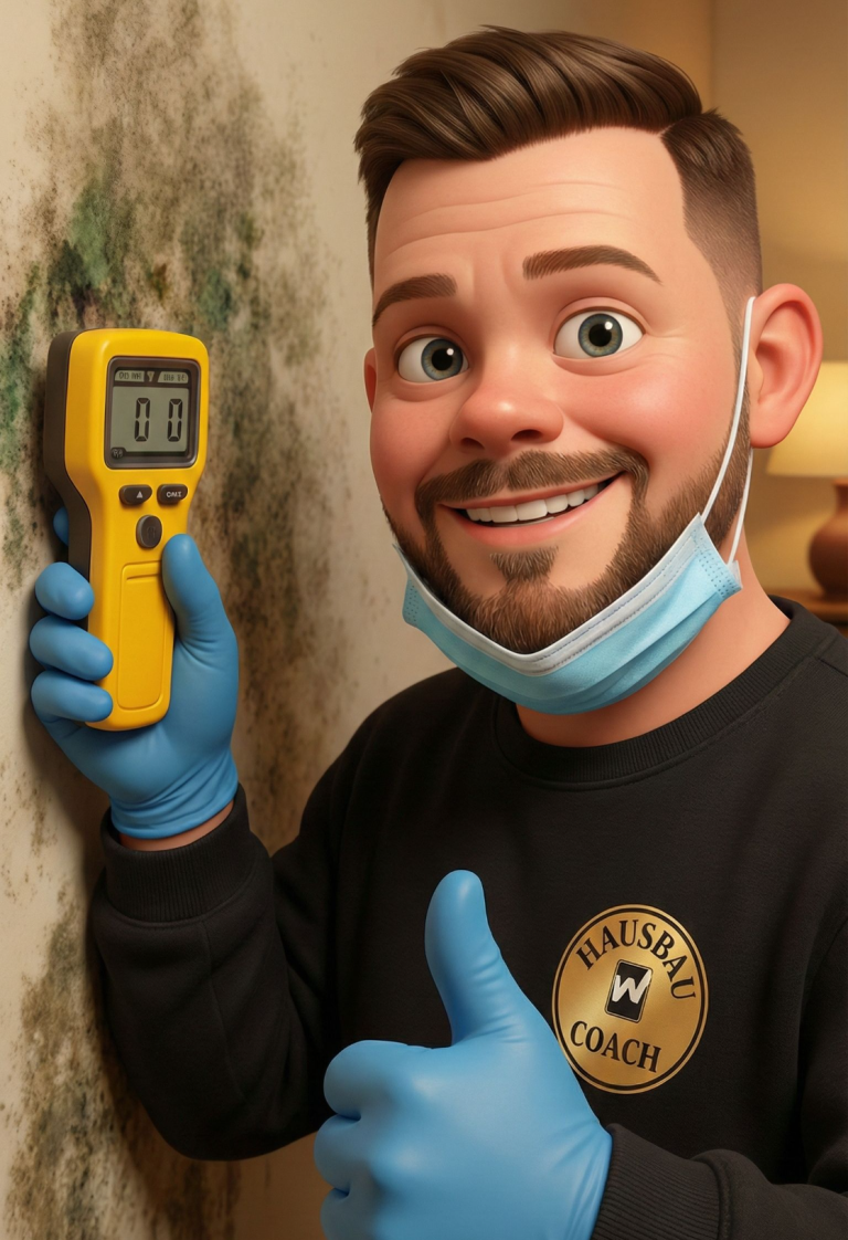 Hand hält ein Messgerät vor einer beschädigten Putzwand mit sichtbarer Feuchtigkeit.