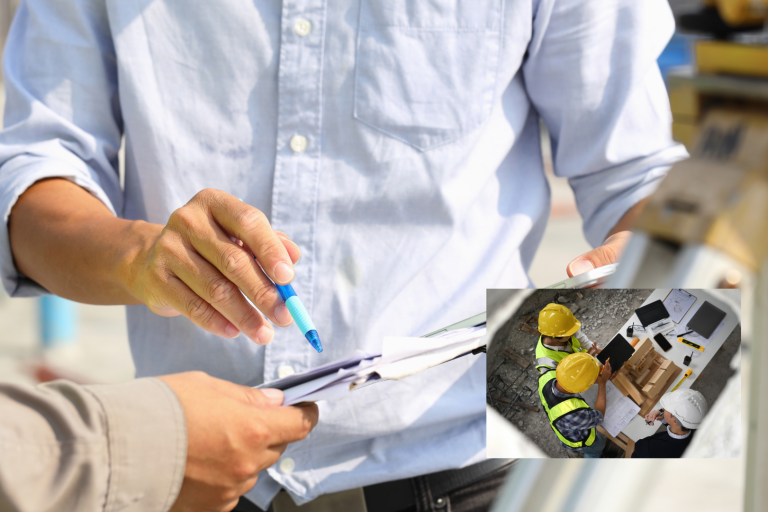 Bauberatung und Projektbesprechung auf der Baustelle: Ein Bauleiter zeigt mit einem Stift auf Dokumente, während er mit einem anderen Mitarbeiter kommuniziert. Im kleineren Bild rechts unten sind Bauarbeiter mit Schutzhelmen, die sich über Baupläne beugen und eine Besprechung durchführen.