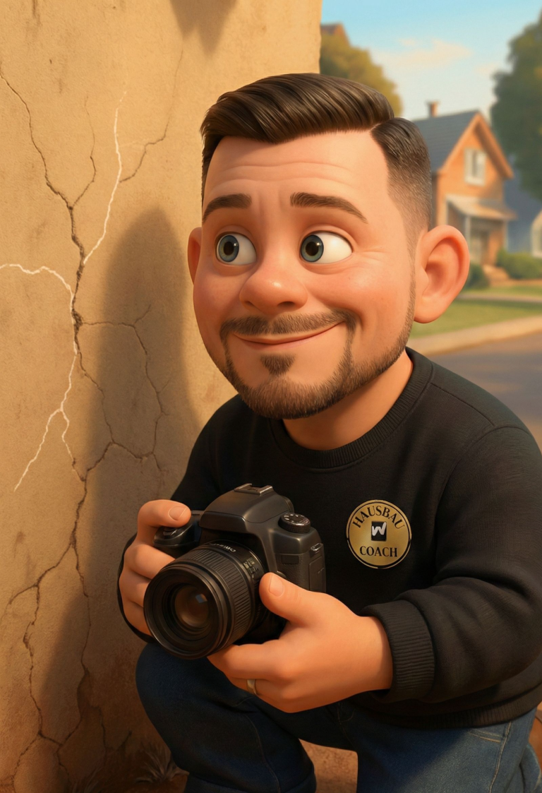 Eine Hand hält eine Messkarte an eine Ziegelmauer zur Größenbestimmung.