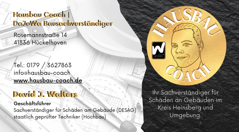 Visitenkarte von David John Walters mit Kontaktdaten und Logo der Hausbau Coach | DaJoWa ausachverständigen.