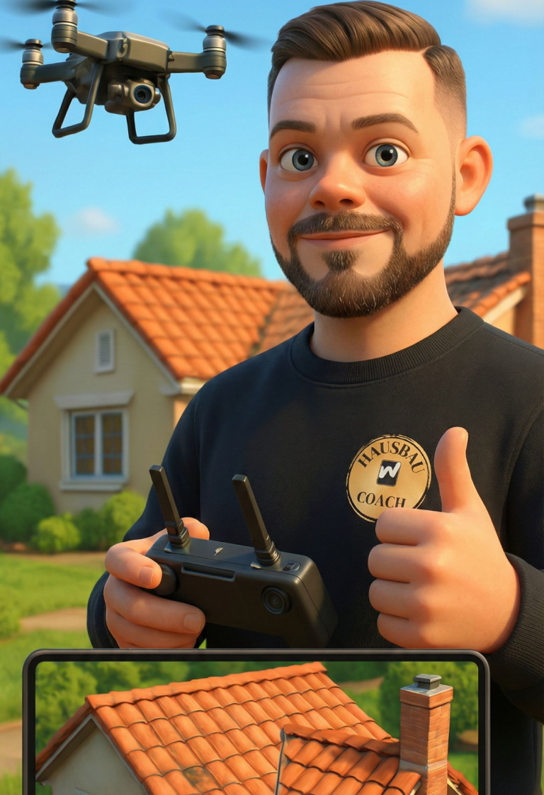 Drohne fliegt nahe einem Dach mit einer Ziegeleindeckung.